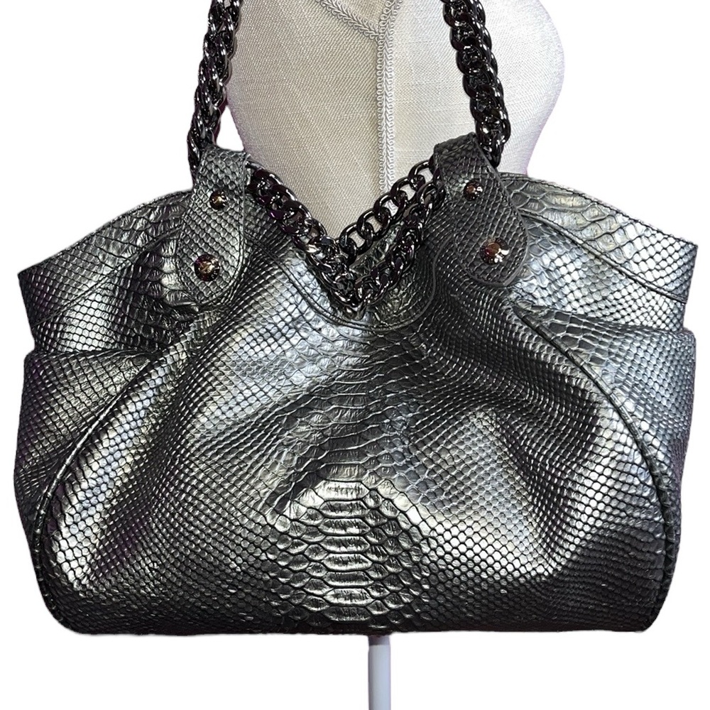 EUC Henri Bendel Gun Metal Silver Shoulder Bag with Metallic Accents - Picture 2 of 16